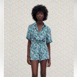 NWT Zara Floral Romper Blue and Brown Size Medium
